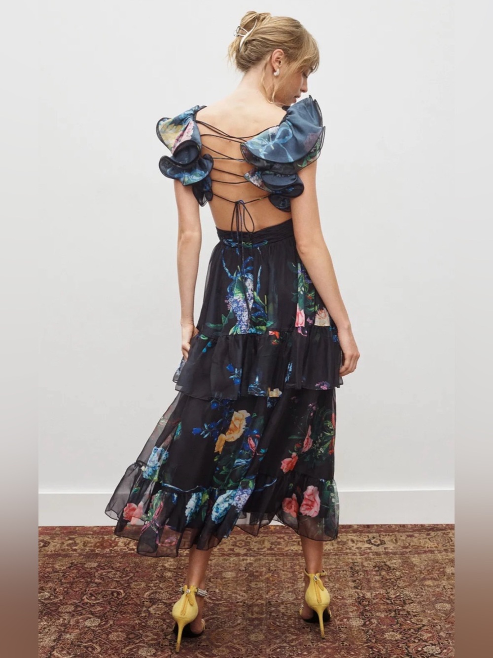 Mac Duggal Black Ruffle Tiered Floral Cut-Out Chiffon Dress Sz 6. - Picture 3 of 15